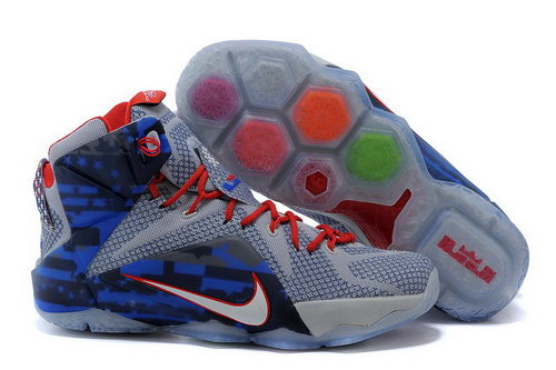 Mens Nike Lebron 12 Blue Fire Red Grey Low Price